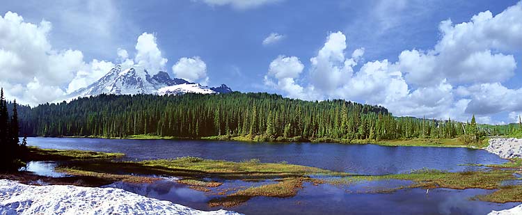 Mt Rainier at Reflection Lake panorama; snowy Washington volcano scenic sold as framed photo or canvas