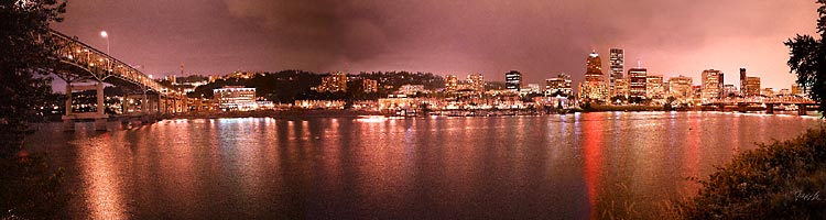 Portland Waterfront Panorama; a night scene, Bridge reflections, Willamette River, Oregon's Portland skyline
