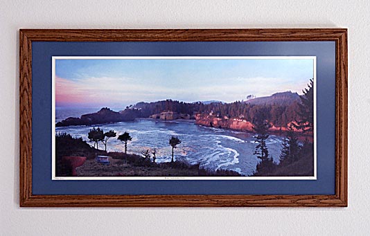Oak framed Whale Cove sunset panorama