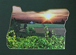 The sun comes up on a vineyard in an Oregon mat