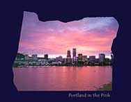 Oregon Map - Portland Skyline - very pink sunset