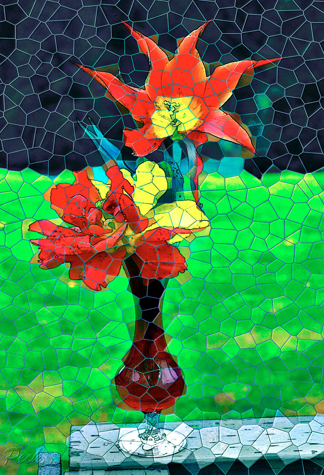 Buy this Stained Glass design - red vase of ruffled red tulips picture