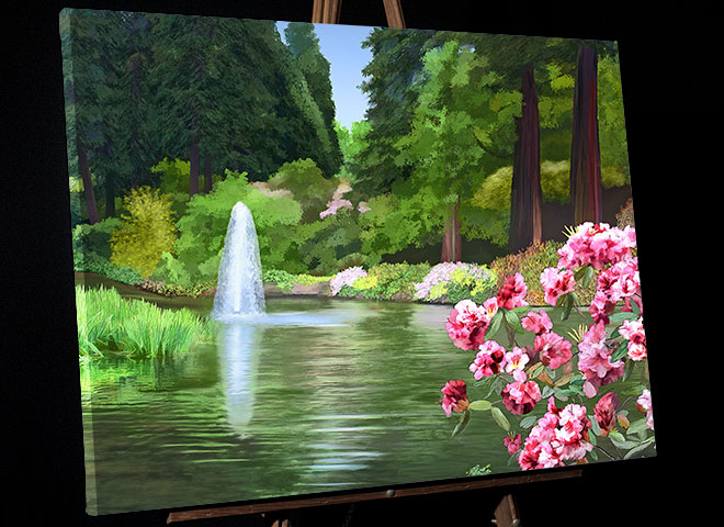 Crystal Springs Rhododendron Painting with fountain; one of Portland Oregon's Gardens in spring