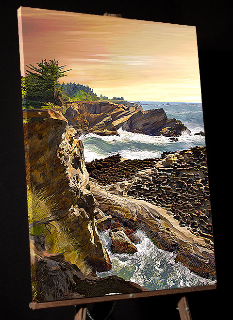 Shore Acres State Park Painting; Rocky headlands in Oregon South Coast; picture sold as framed art, gallery wrap canvas; Coos Bay Picture