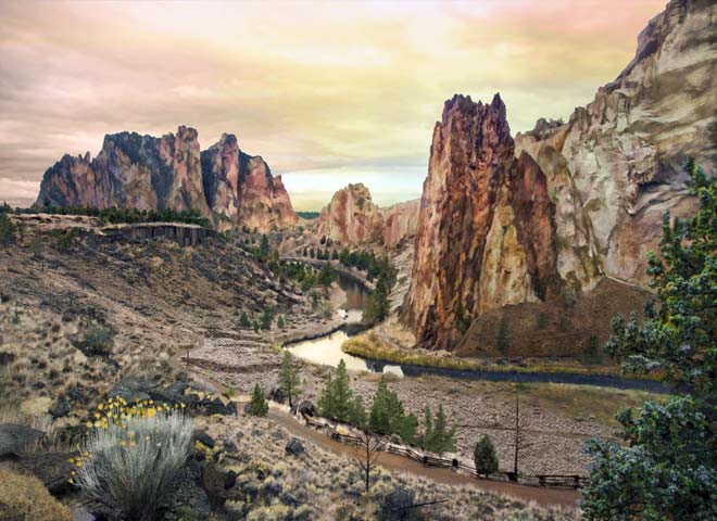 Look for rock climbing or just scenic views of deep river canyons in this painterly picture
