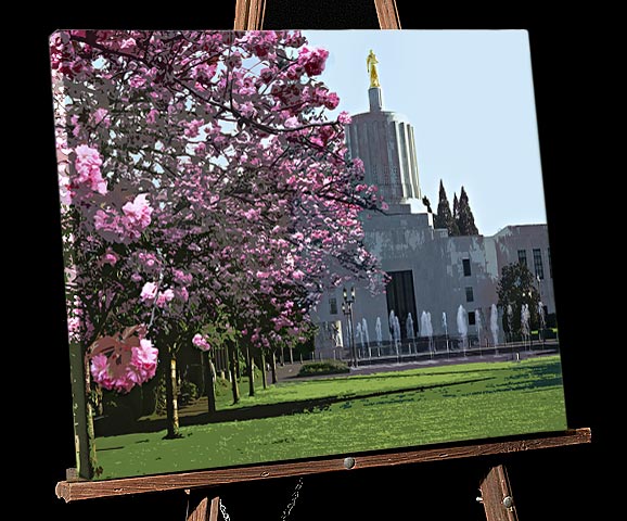 Cherry Blossoms at Oregon State Capitol, photo - Painterly Photo sold as Framed art or on canvas
