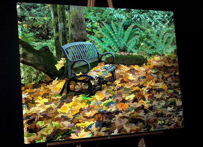 Colorful Oregon Autumn Painting - The Bench at Brookforest Farm