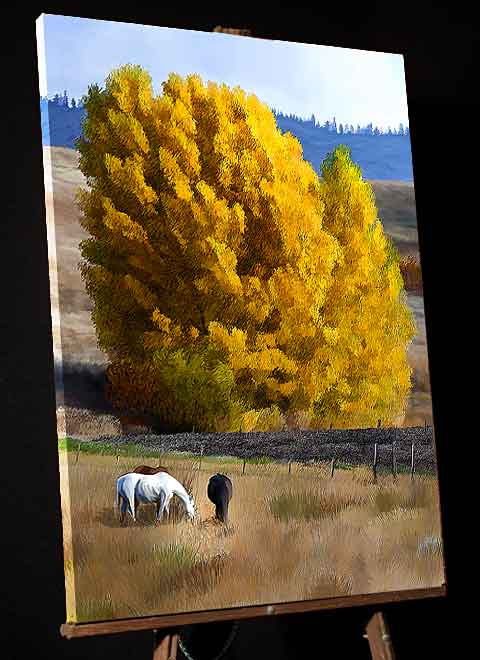 Horses at Eagle Point; golden tree fall painting near Rogue River