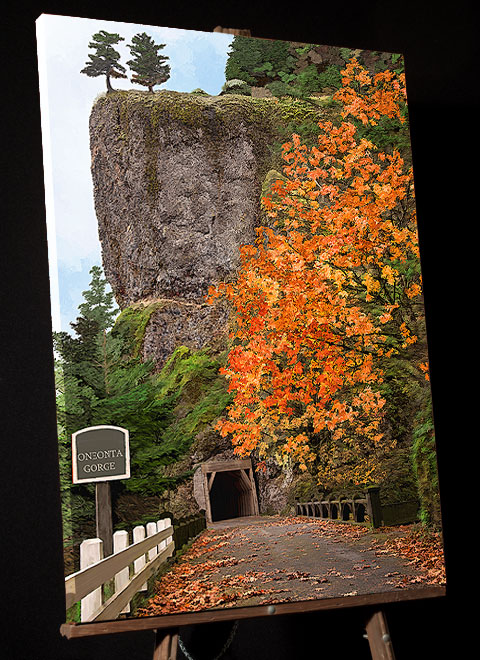 Oregon Autumn Painting of Red Leaves at Oneonta Tunnel in Columbia Gorge National Scenic Area