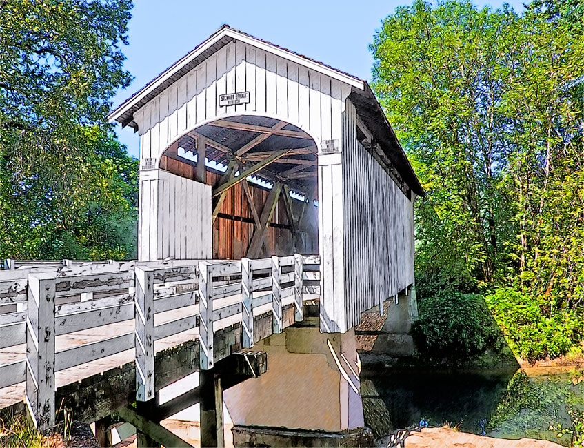 Stewart Covered Bridge across Mosby Creek, Cottage Grove  43°45'57.5"N 122°59'38.9"W