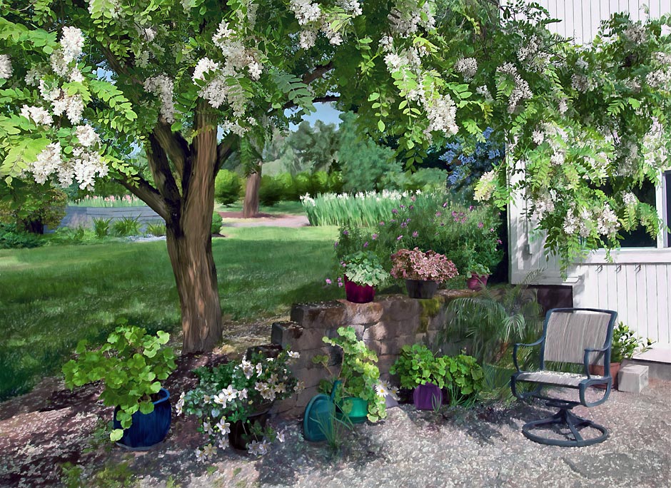Spring Patio with Black Locust Blossoms Painting