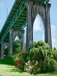 Flowers under the St John's Bridge over the Willamette River