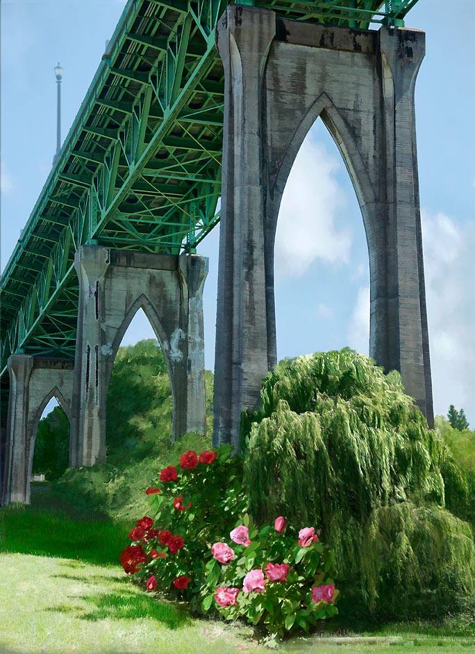 Flowers under the St John's Bridge over the Willamette River Portland, Oregon