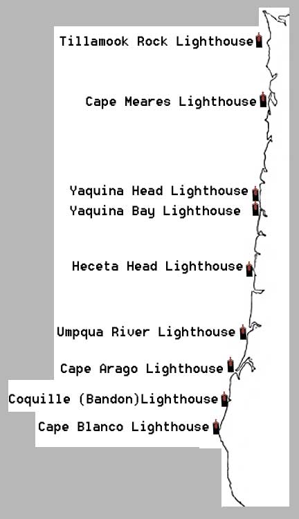 Oregon Coast line-approximate location of Oregon's Lighthouses