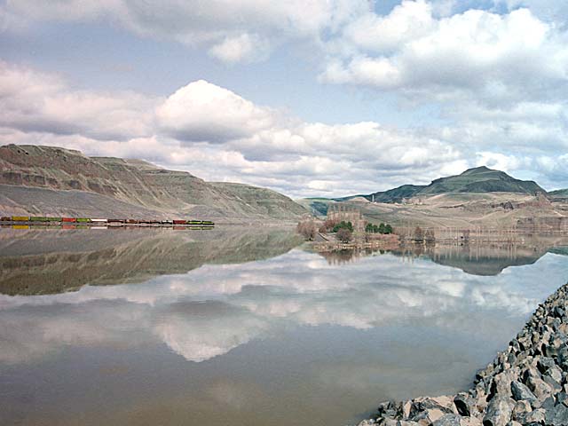 Beautiful clouds reflected in Washington's Snake River; Lyons Ferry train; picture sold as framed photo, canvas or digital files