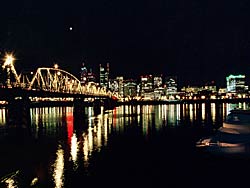 The Hawthorne Bridge on Willamette River; night lights; Portland, Oregon