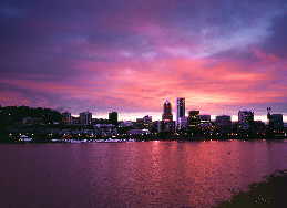 Portland Cityscape, pink sunset, Willamette River