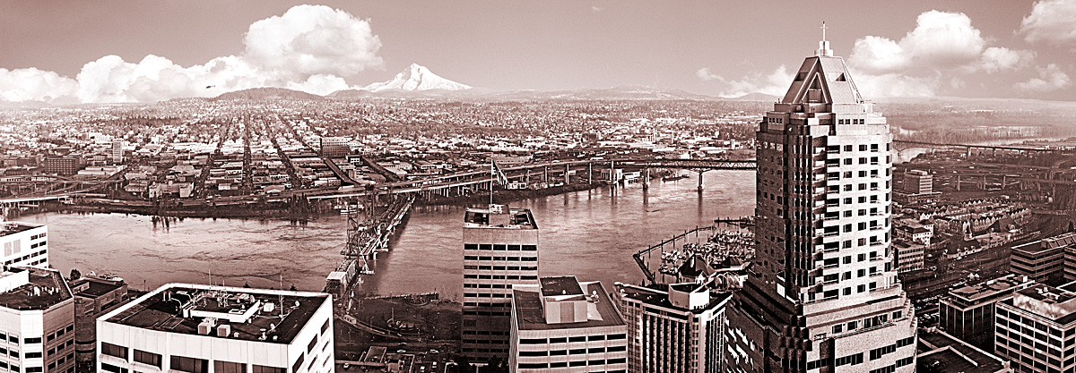 Portland Oregon Bridges Panorama with Mt Hood; Willamette River picture sold as framed photo or canvas