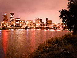 Portland Waterfront and KOIN tower; Hawthorne Bridge crosses the Willamette River