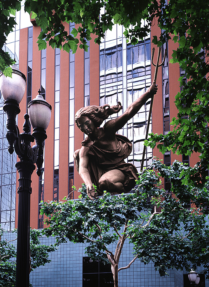 Hammered Copper statue resting on the City of Portland's Seal; Sculpture=Raymond Kaskey, 1985