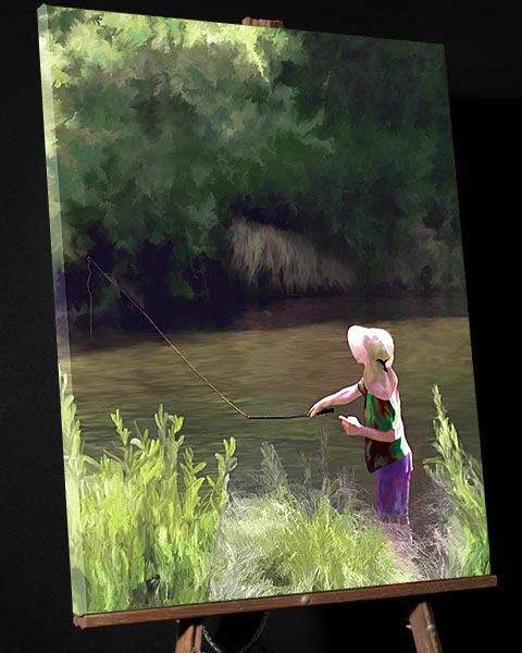 Painting; child fishing Applegate River-Ruch Oregon