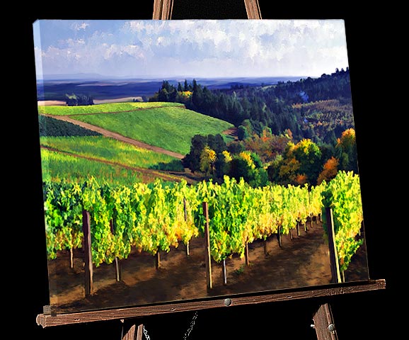Painting; Hillside Vineyards of Dundee in fall colors and rolling hills,Willamette Valley