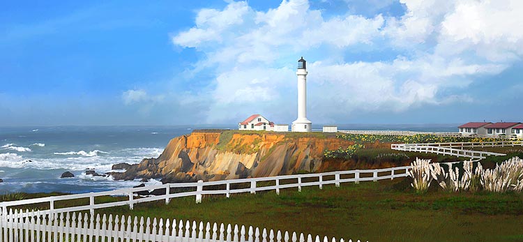 Panorama Painting of Point Arena Lighthouse on the California Coast