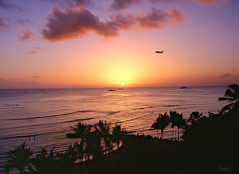 Buy this Waikiki Sunset in Oahu & Inter island plane picture