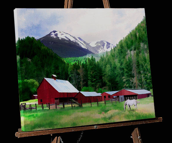 Painting of Lolo Peak and Red Barns in Montana south of Missoula