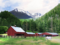 Acrylic Painting on Canvas-Horse Barns beneath Lolo Peak near Missoula, MT