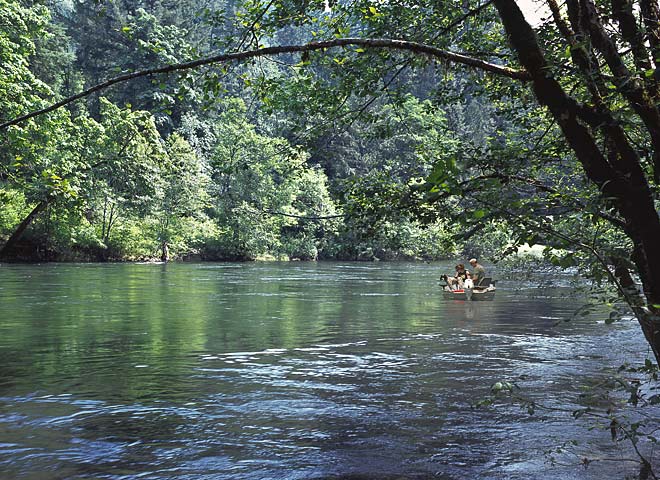 Boaters on McKenzie River with dog in boat; Oregon river pictures sold as framed photo or canvas or digital file